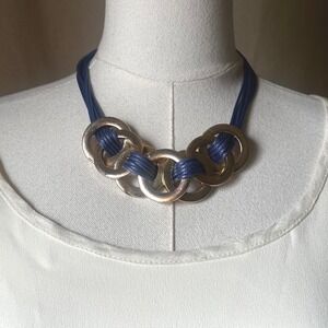 Vintage Blue Cord Necklace Gold Circle Link Statement Collar 19-21" Modernist